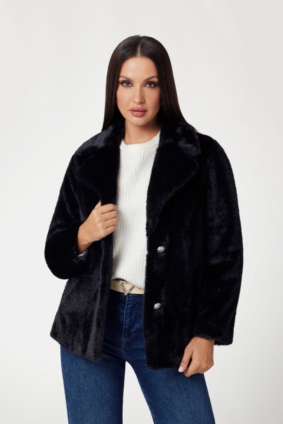 Guess Suni Kürk Ceket Siyah