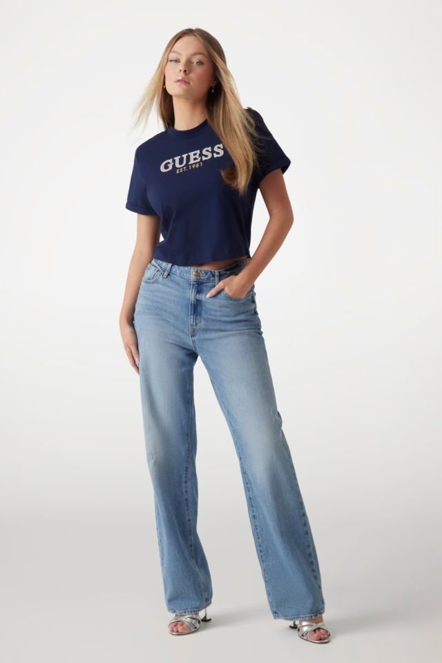 Guess Crop Kesim Boxy Logolu T-shirt Mavi