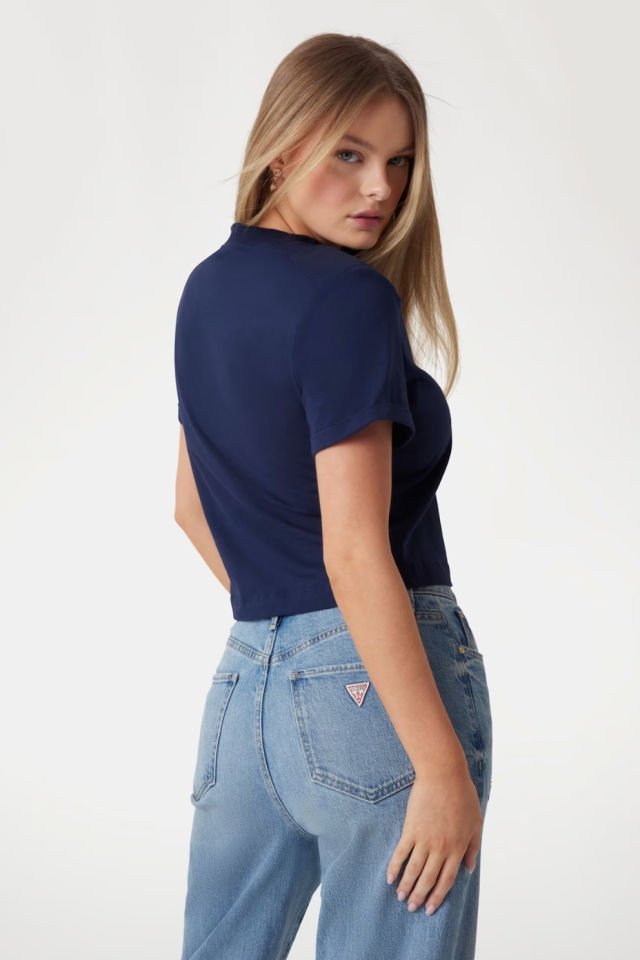 Guess Crop Kesim Boxy Logolu T-shirt Mavi