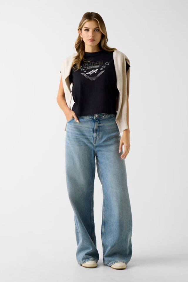 Guess Jersey Pamuklu Taş Detaylı Regular Fit Bisiklet Yaka Tişört Siyah