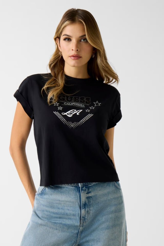 Guess Jersey Pamuklu Taş Detaylı Regular Fit Bisiklet Yaka Tişört Siyah