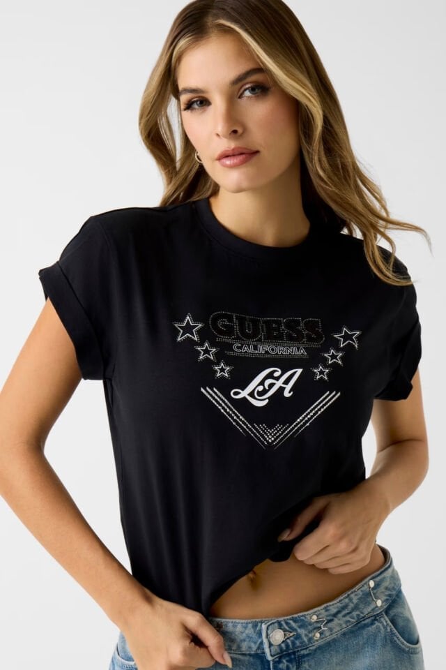 Guess Jersey Pamuklu Taş Detaylı Regular Fit Bisiklet Yaka Tişört Siyah
