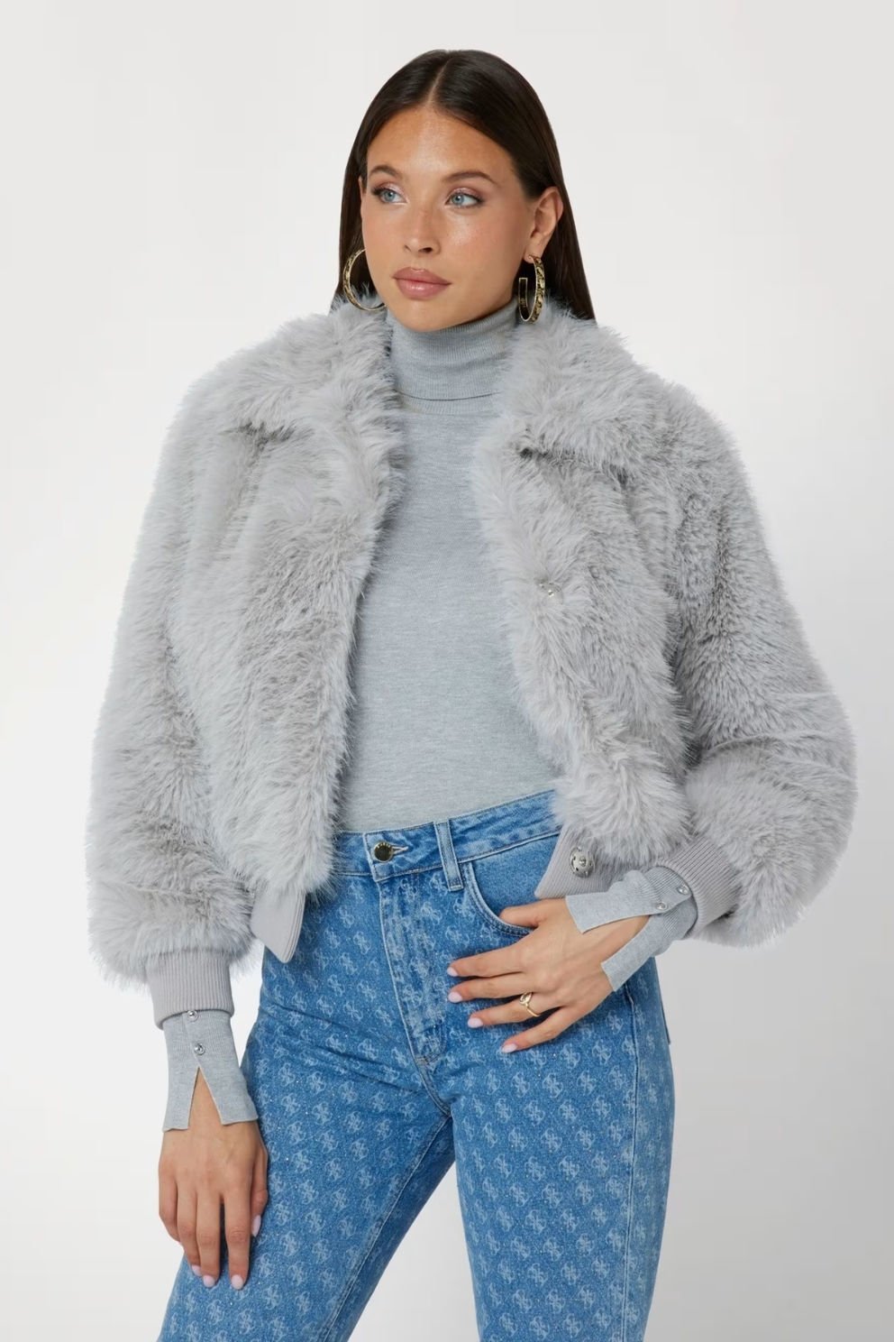 Guess Suni Kürk Bomber Ceket Gri