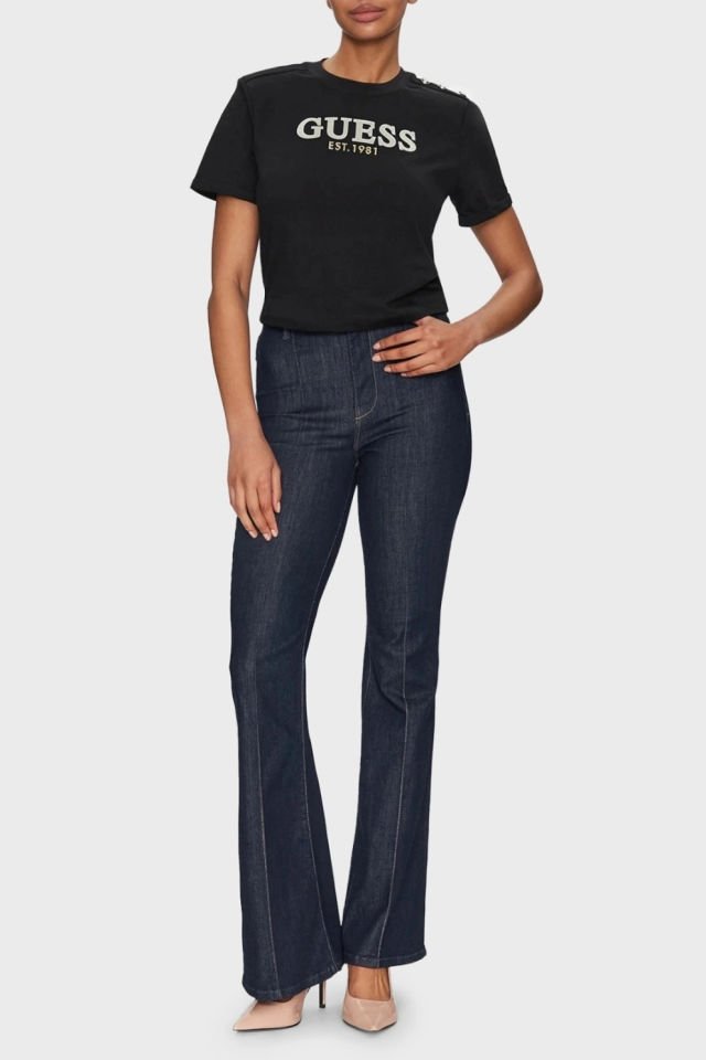 Guess Kadın Siyah Crop Yıkanmış Logolu Tişört