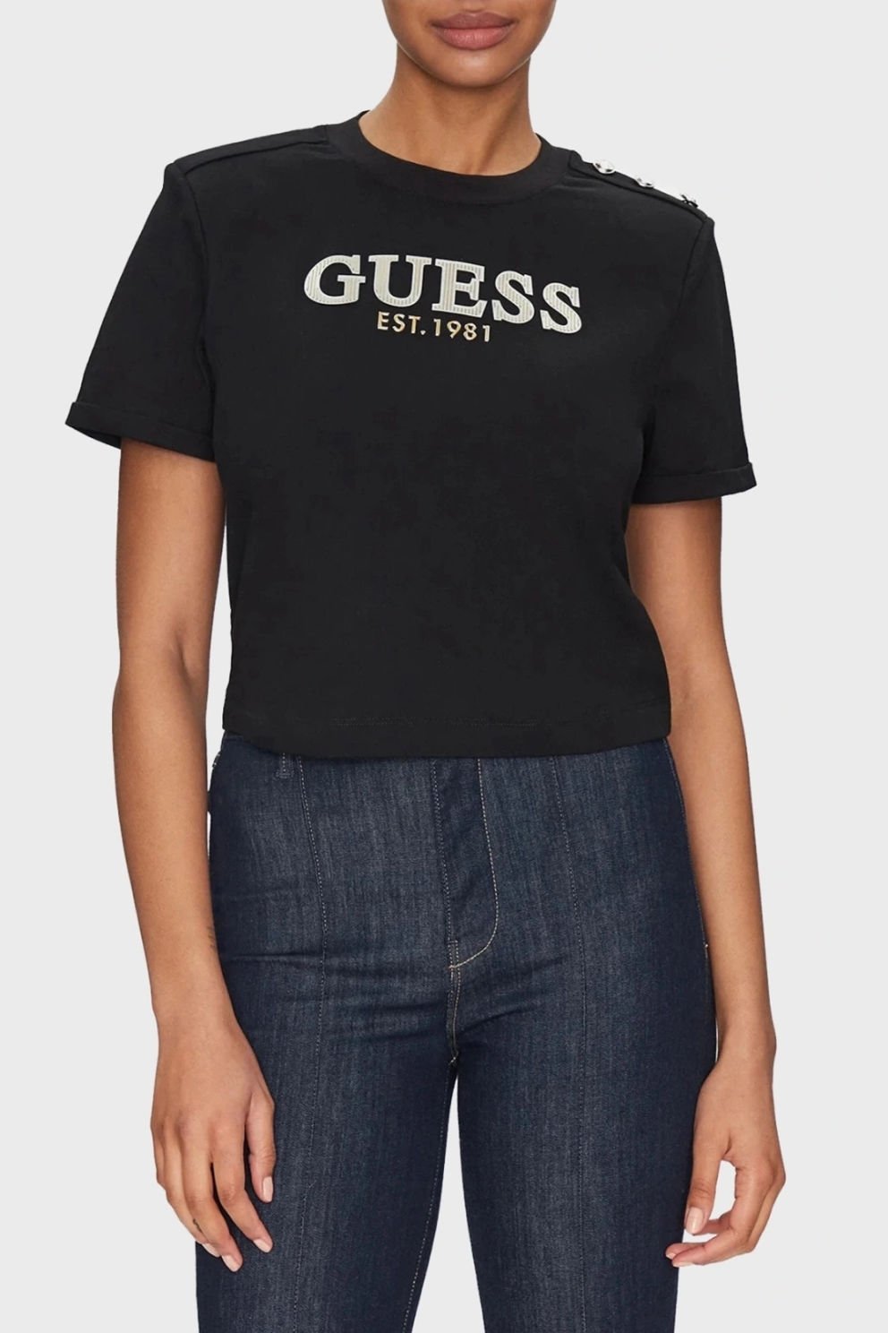 Guess Kadın Siyah Crop Yıkanmış Logolu Tişört