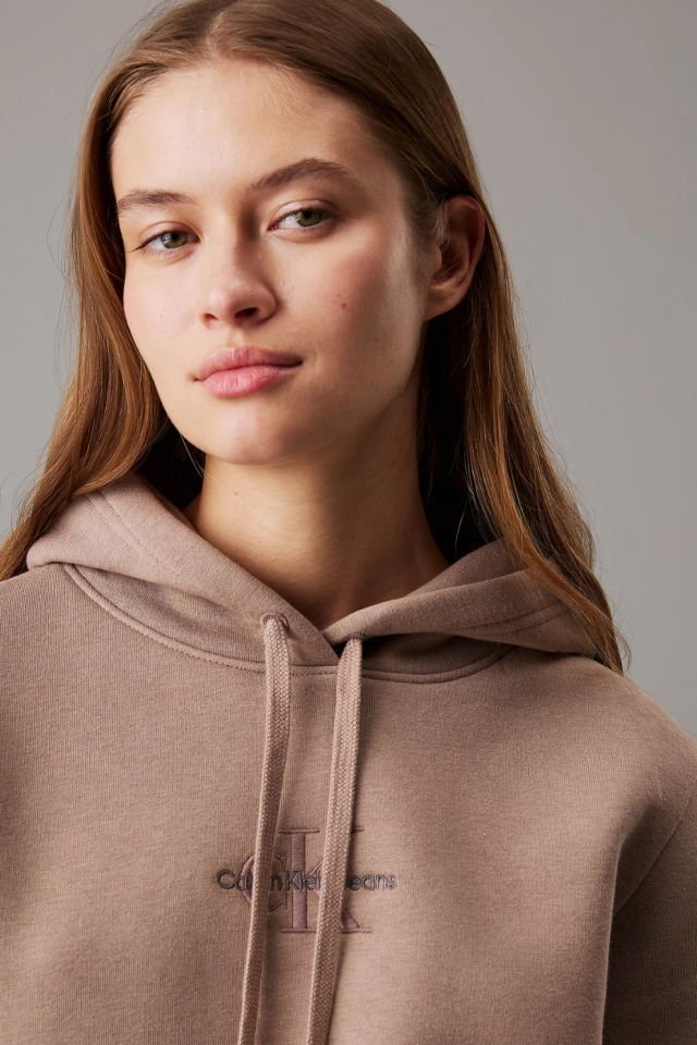 Calvin Klein Kadın Regular Hoodie Sweatshirt Açık Kahverengi
