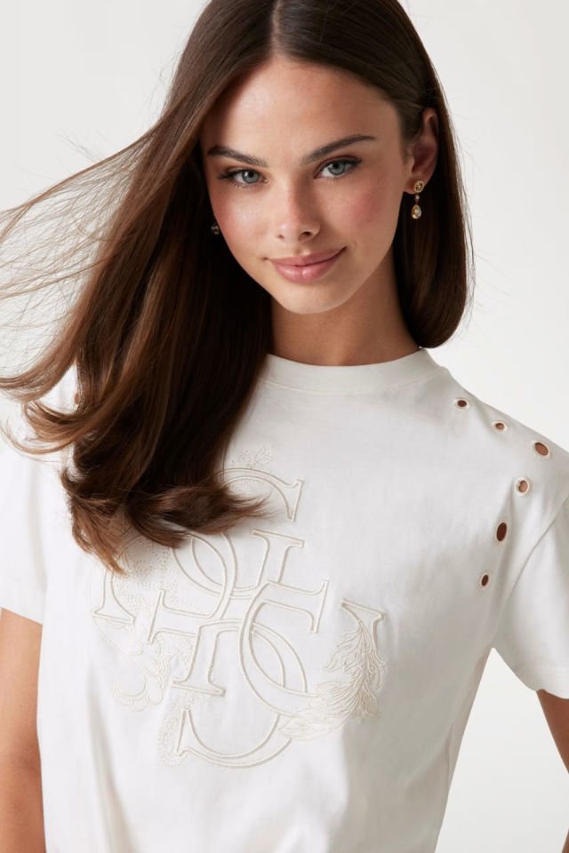 Guess Crop Kesim Boxy Logolu T-shirt Beyaz