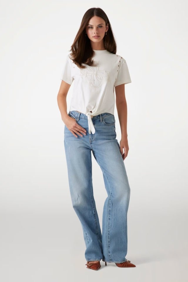 Guess Crop Kesim Boxy Logolu T-shirt Beyaz