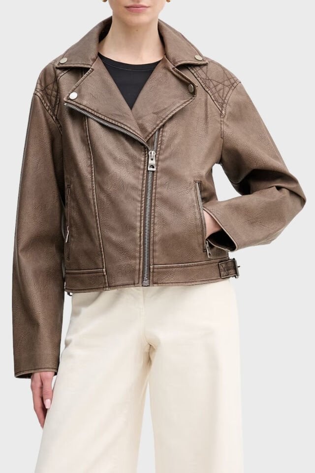 Guess Nada Slim Fit Kruvaze Yaka Kemer Detaylı Biker Bayan Ceket