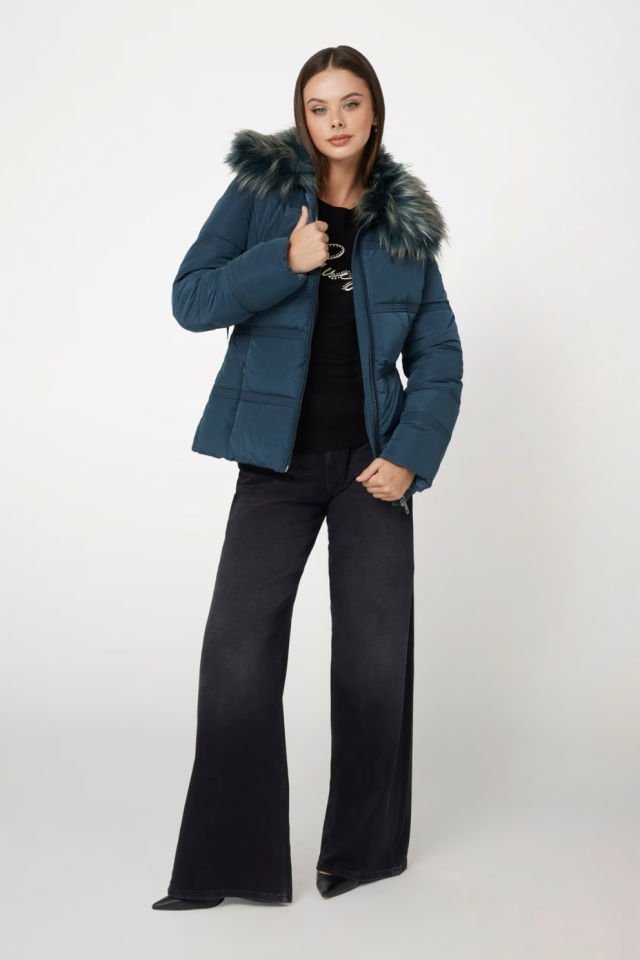 Guess Suni Kürk Yakalı Şişme Mont Mavi