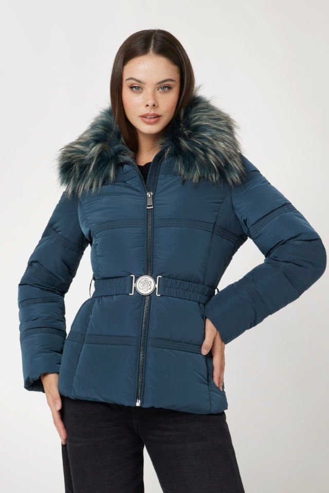 Guess Suni Kürk Yakalı Şişme Mont Mavi