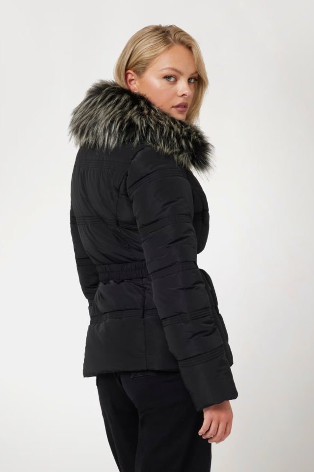 Guess Suni Kürk Yakalı Şişme Mont Siyah