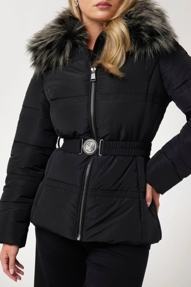 Guess Suni Kürk Yakalı Şişme Mont Siyah