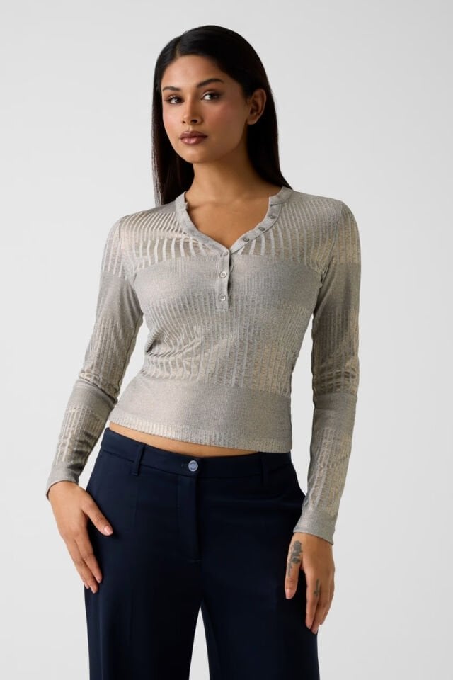 Guess Metalik Efektli Triko Üst Gümüş