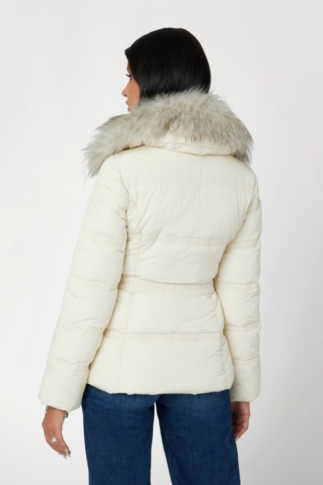 Guess Suni Kürk Yakalı Şişme Mont Krem