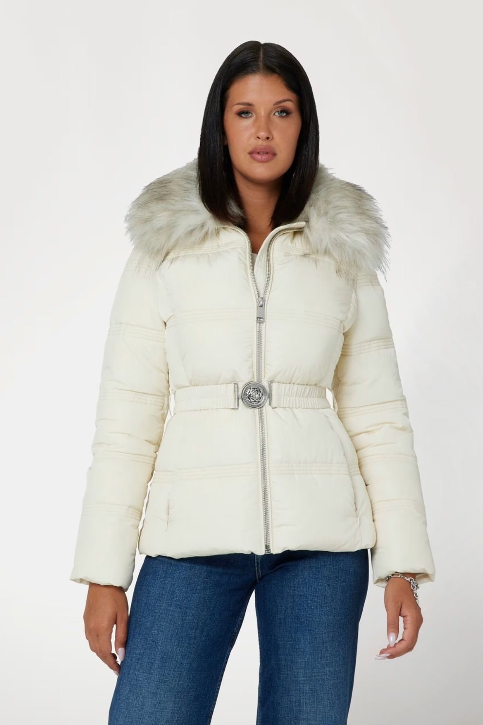 Guess Suni Kürk Yakalı Şişme Mont Krem