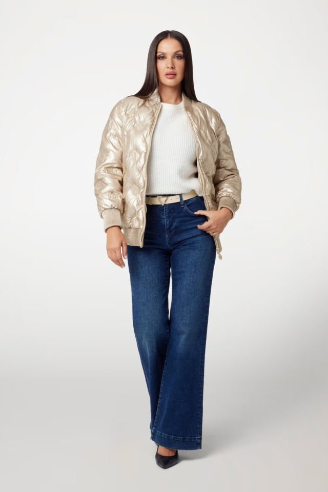 Guess Suni Deri Uzun Bomber Ceket Altın Rengi