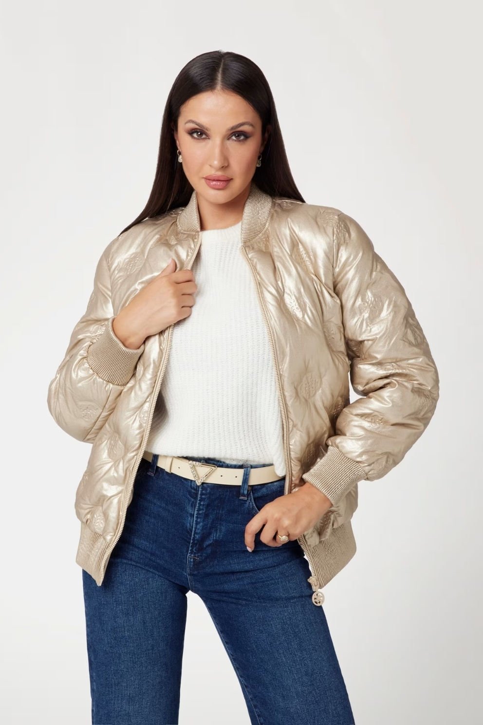 Guess Suni Deri Uzun Bomber Ceket Altın Rengi