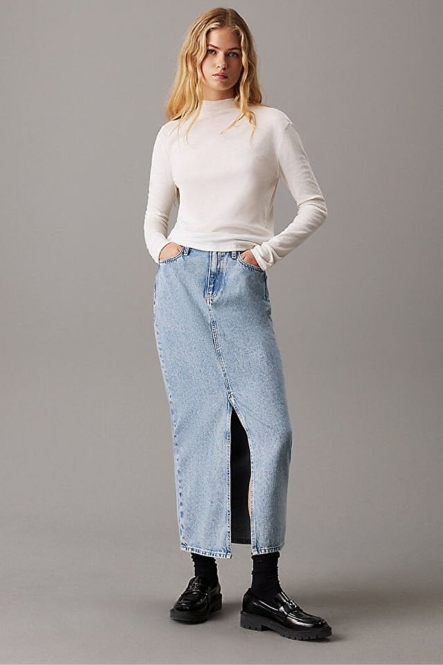 Calvin Klein Kadın Maxi Denim Etek Açık Mavi