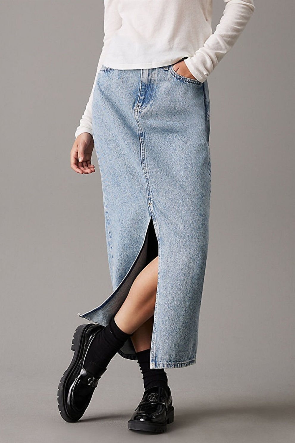 Calvin Klein Kadın Maxi Denim Etek Açık Mavi