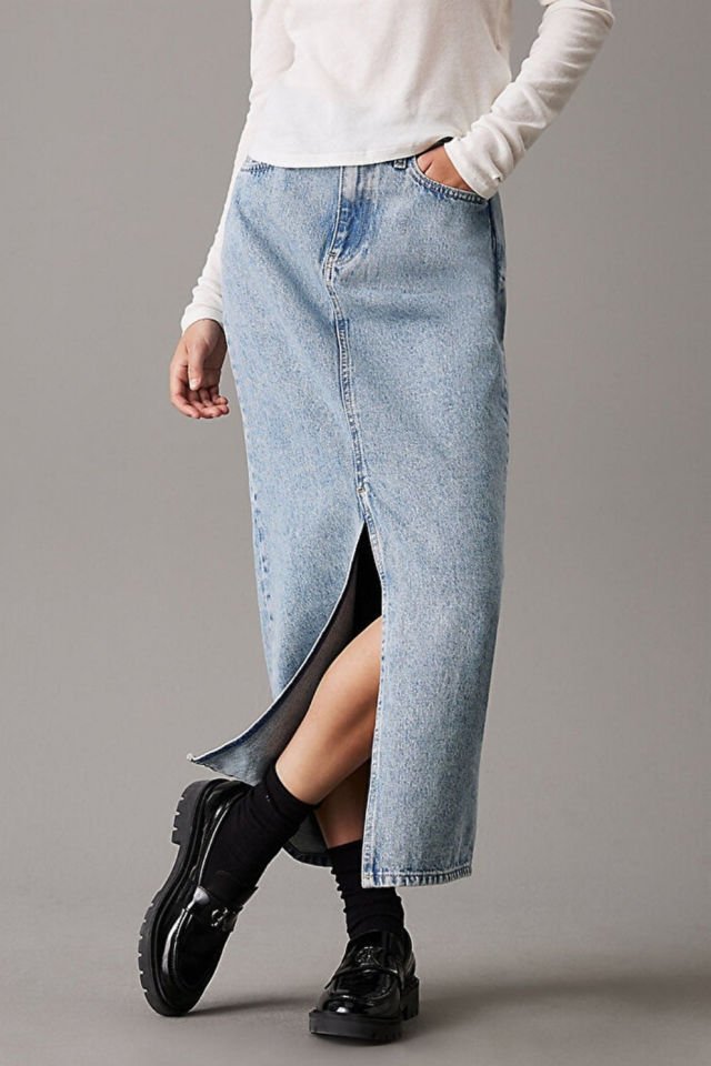Calvin Klein Kadın Maxi Denim Etek Açık Mavi