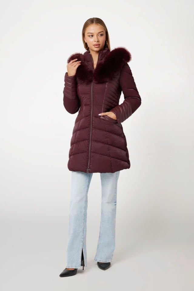 Guess Suni Kürk Kapüşonlu Şişme Mont Bordo