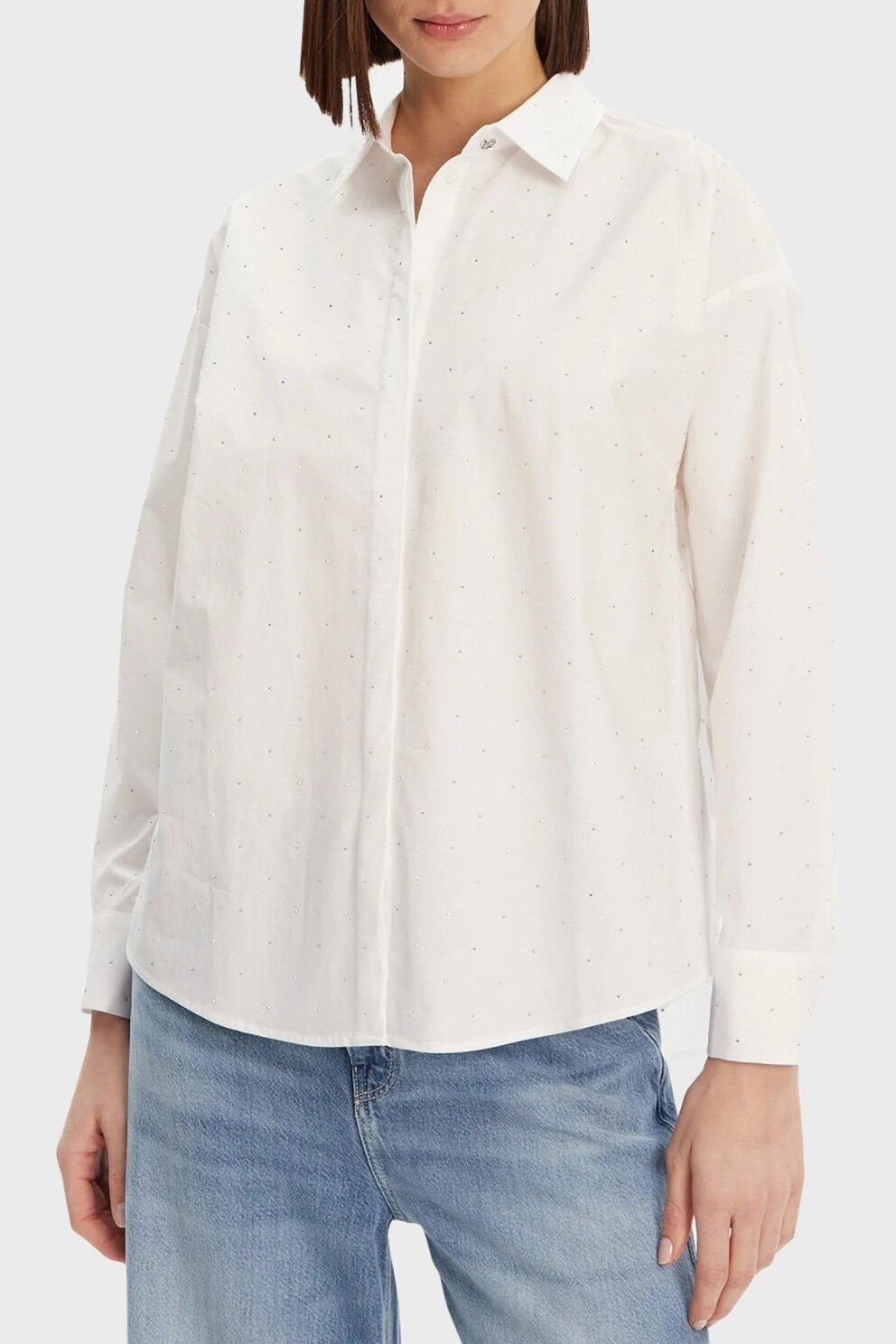 Guess Silvia % 100 Pamuk Taşlı Comfort Fit Bayan Gömlek Beyaz