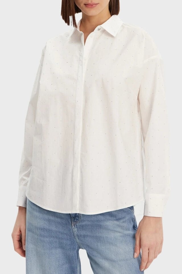 Guess Silvia % 100 Pamuk Taşlı Comfort Fit Bayan Gömlek Beyaz