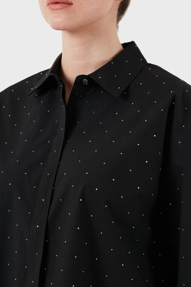 Guess Silvia % 100 Pamuk Taşlı Comfort Fit Bayan Gömlek Siyah