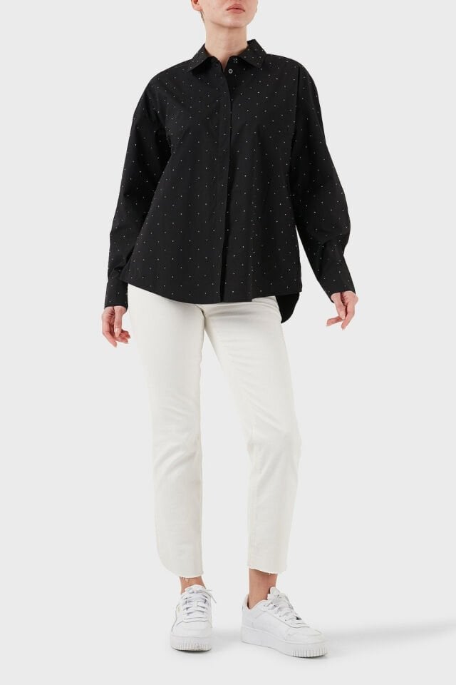 Guess Silvia % 100 Pamuk Taşlı Comfort Fit Bayan Gömlek Siyah