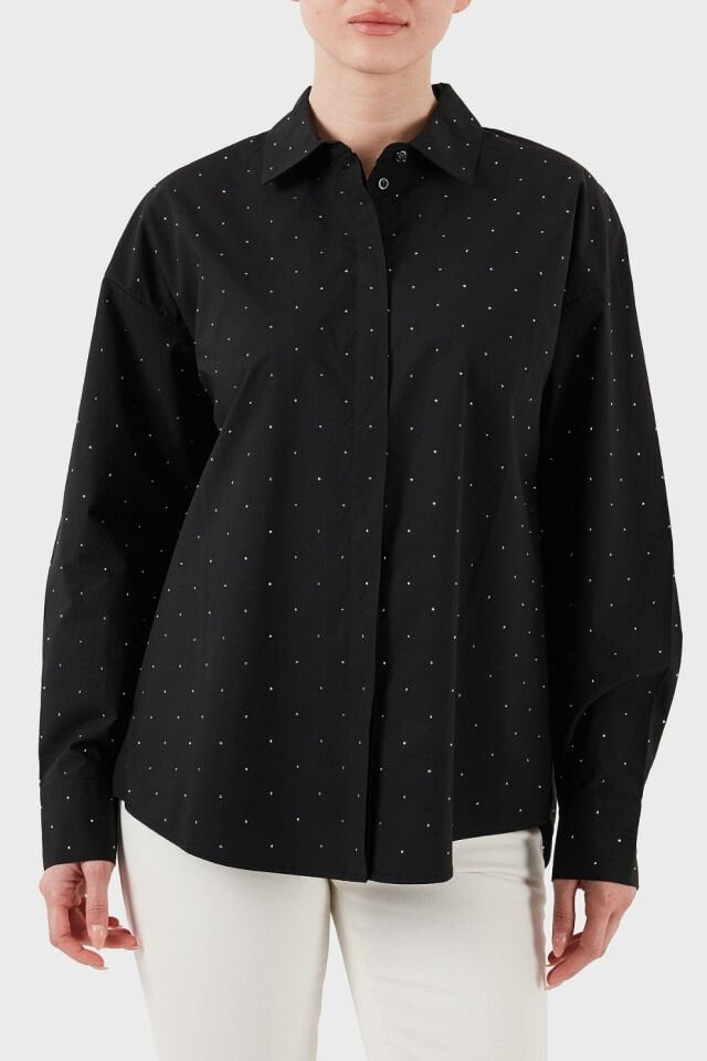 Guess Silvia % 100 Pamuk Taşlı Comfort Fit Bayan Gömlek Siyah
