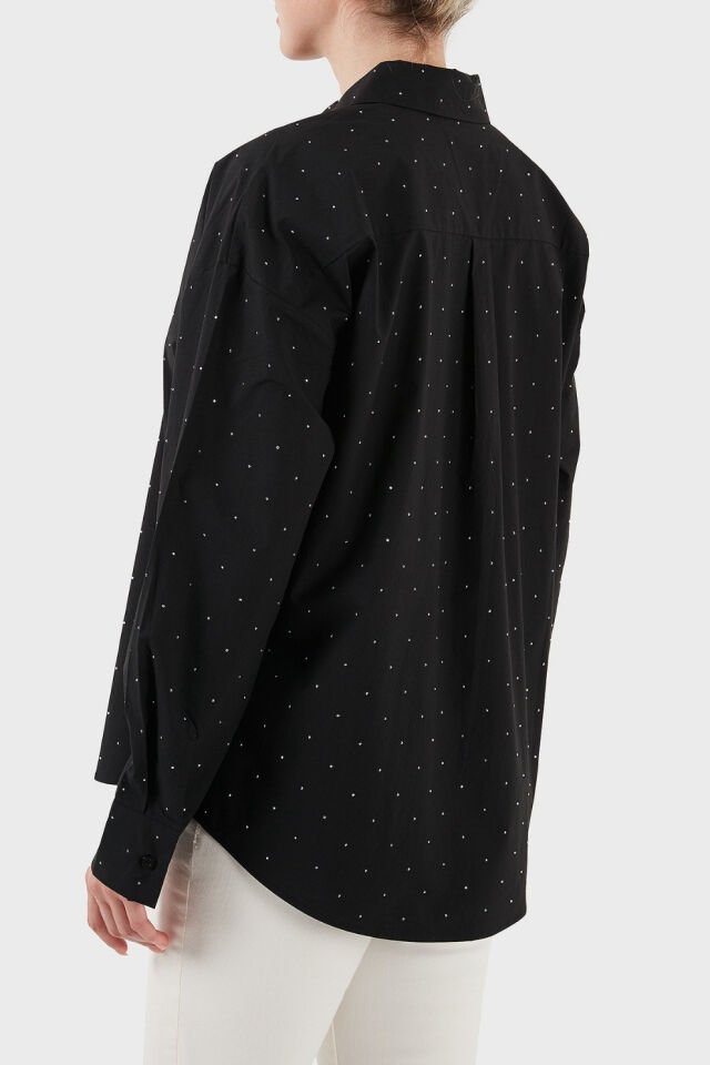 Guess Silvia % 100 Pamuk Taşlı Comfort Fit Bayan Gömlek Siyah