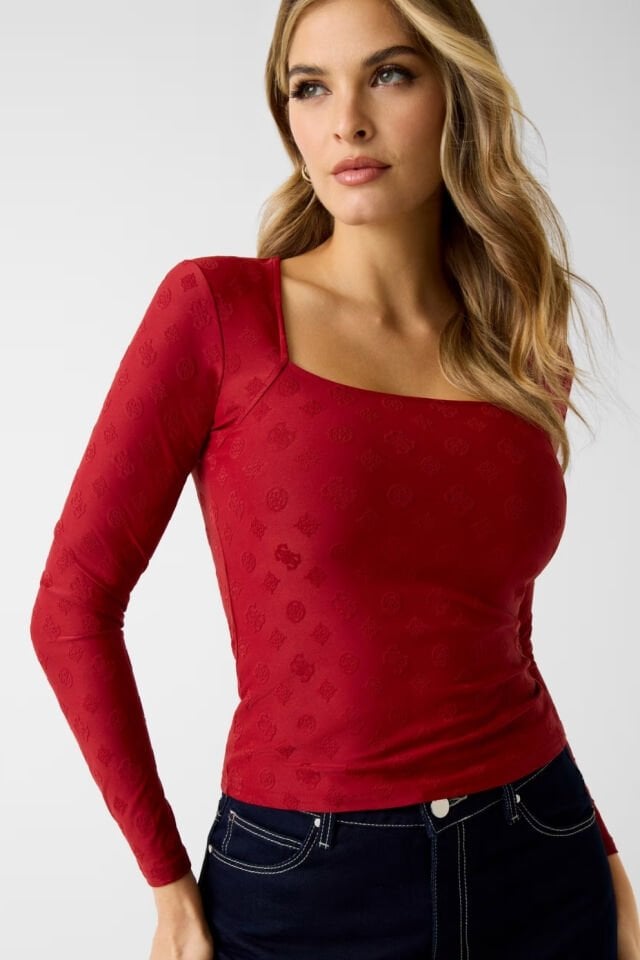 Guess Logo Jakarlı Üst Kırmızı