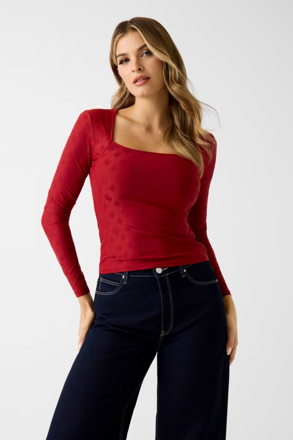 Guess Logo Jakarlı Üst Kırmızı