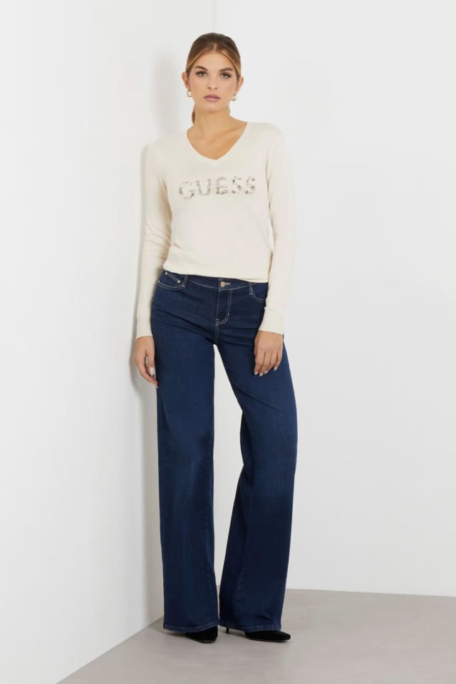 Guess Önü Taş Logolu Kazak Krem