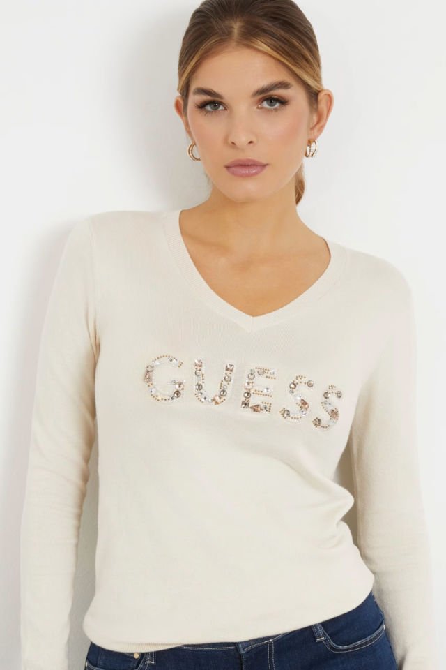 Guess Önü Taş Logolu Kazak Krem