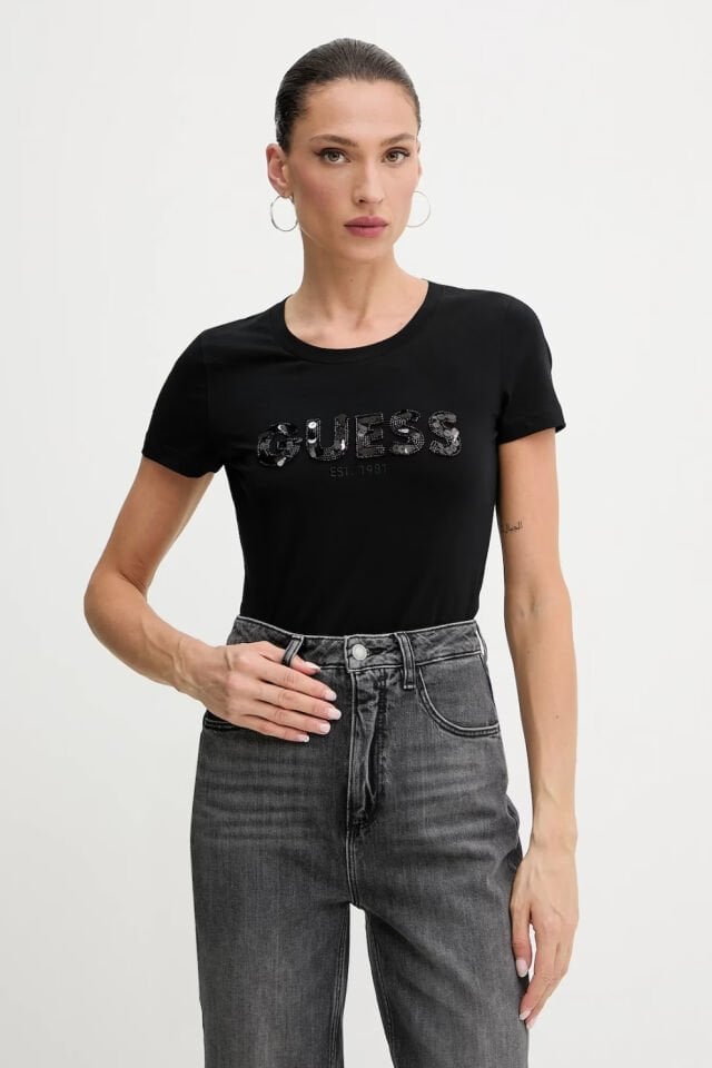Guess Önü Yazılı Tişört Siyah