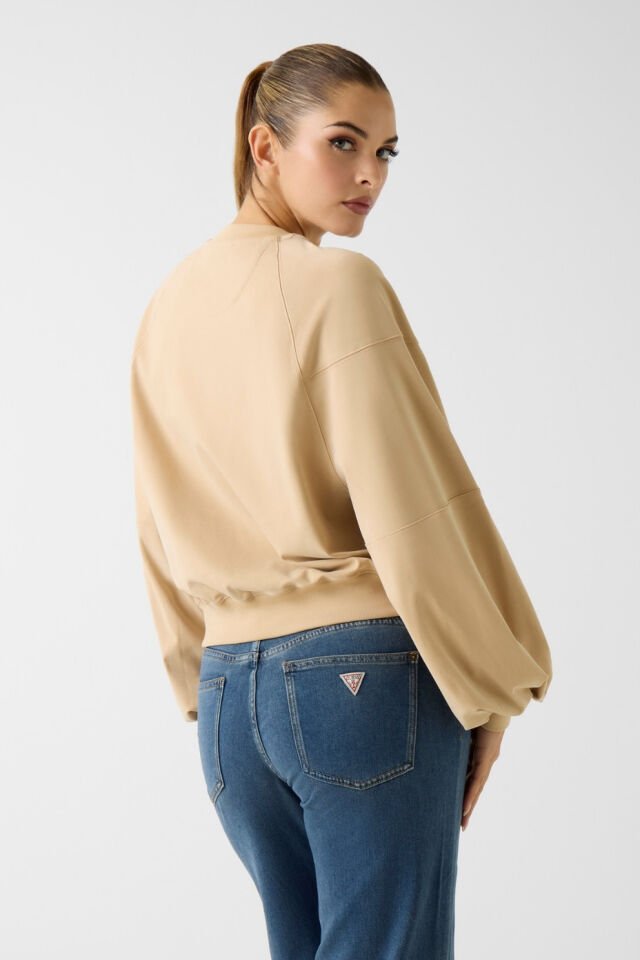 Guess Hacimli Kollu Bej Renkli Sweatshirt