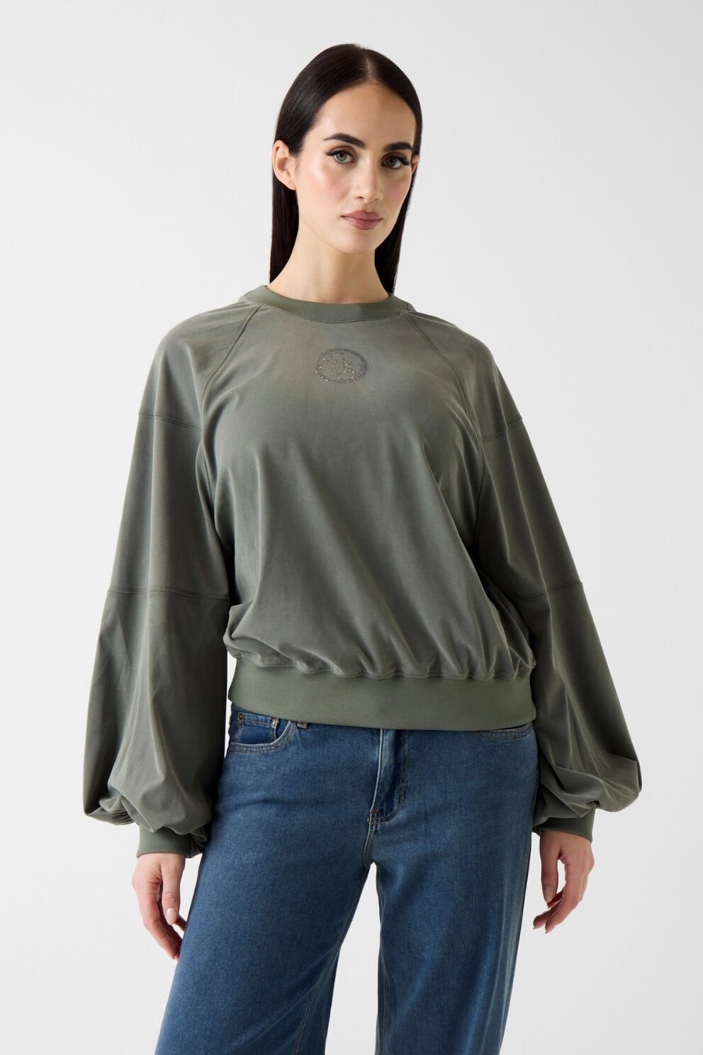 Guess Hacimli Kollu Yeşil Renkli Sweatshirt