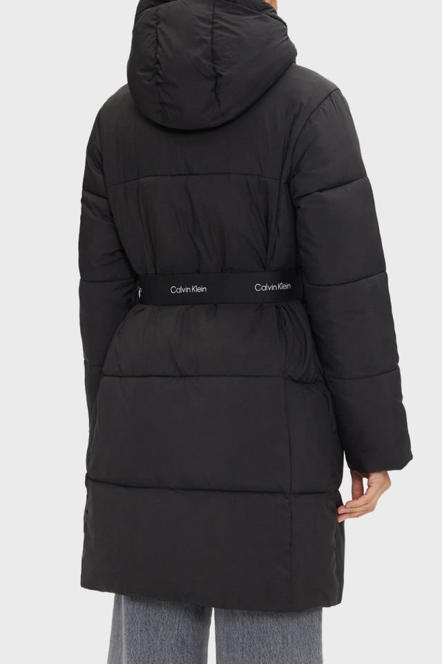 Calvin Klein Comfort Fit Logo Kemerli Uzun Şişme Mont Siyah