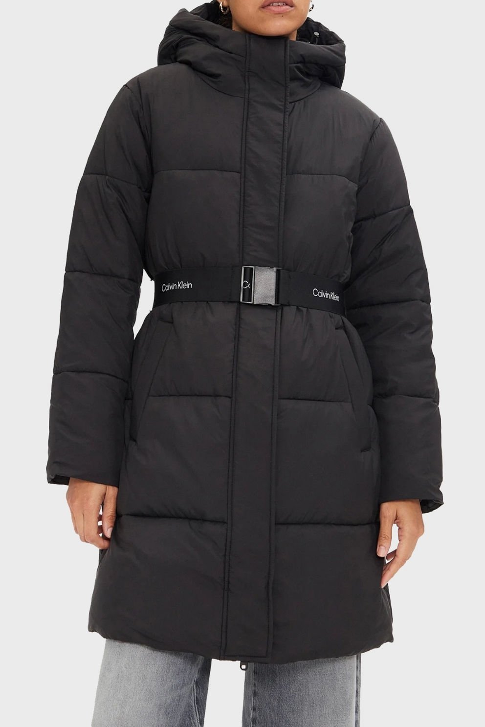Calvin Klein Comfort Fit Logo Kemerli Uzun Şişme Mont Siyah