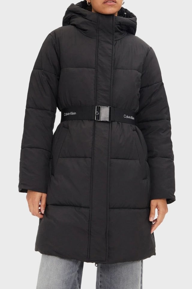 Calvin Klein Comfort Fit Logo Kemerli Uzun Şişme Mont Siyah