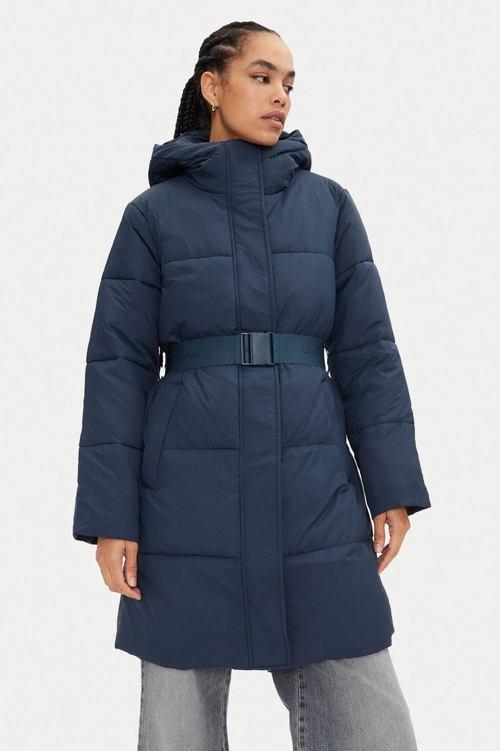 Calvin Klein Comfort Fit Logo Kemerli Uzun Şişme Mont Lacivert