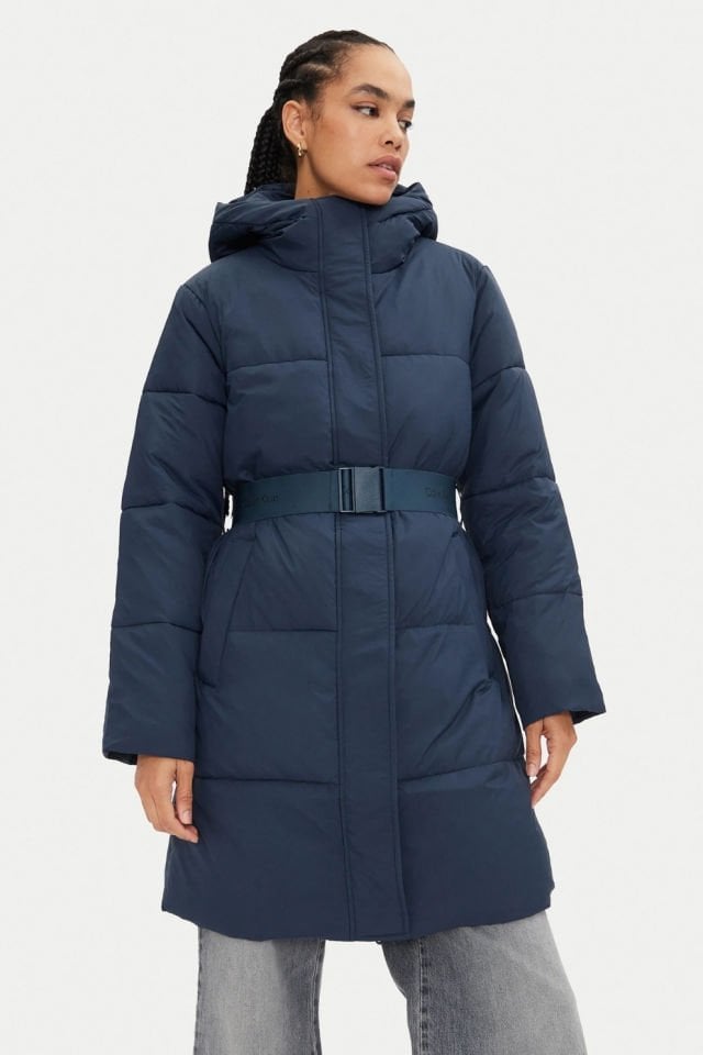 Calvin Klein Comfort Fit Logo Kemerli Uzun Şişme Mont Lacivert