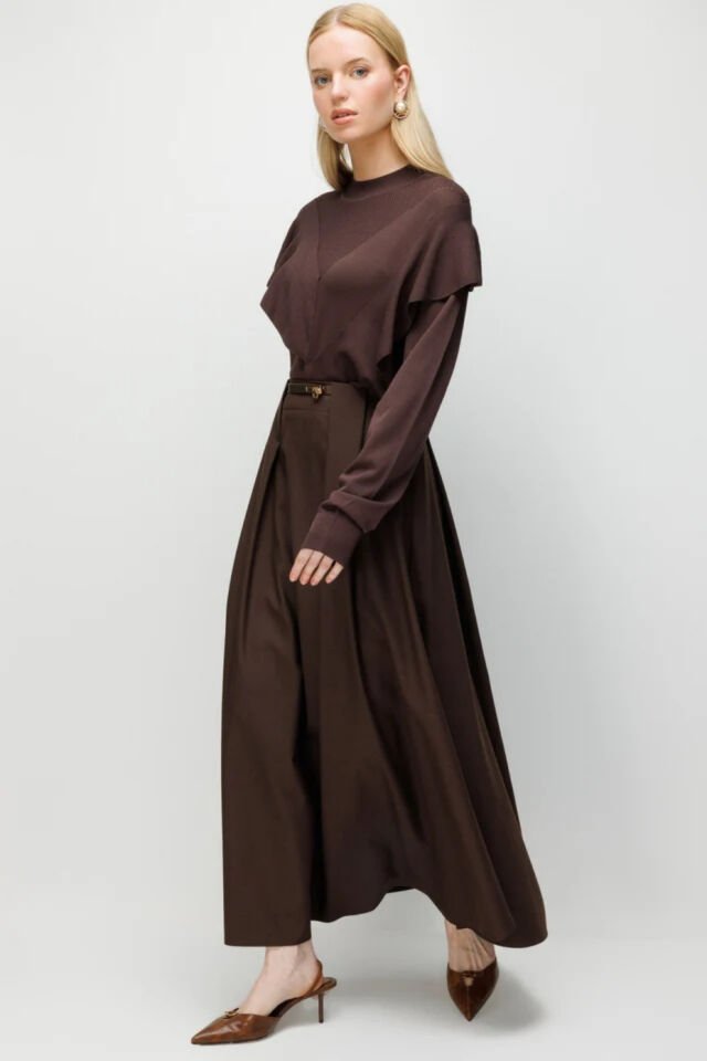 Ghisa Pilikaşe Görünümlü Etek Koyu Kahve