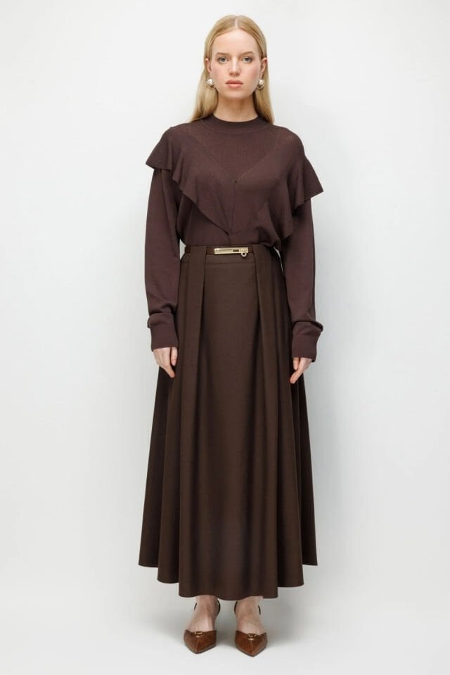 Ghisa Pilikaşe Görünümlü Etek Koyu Kahve