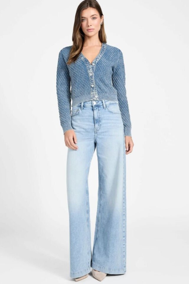 Guess Jeans Dokulu İşlemeli Mavi Hırka