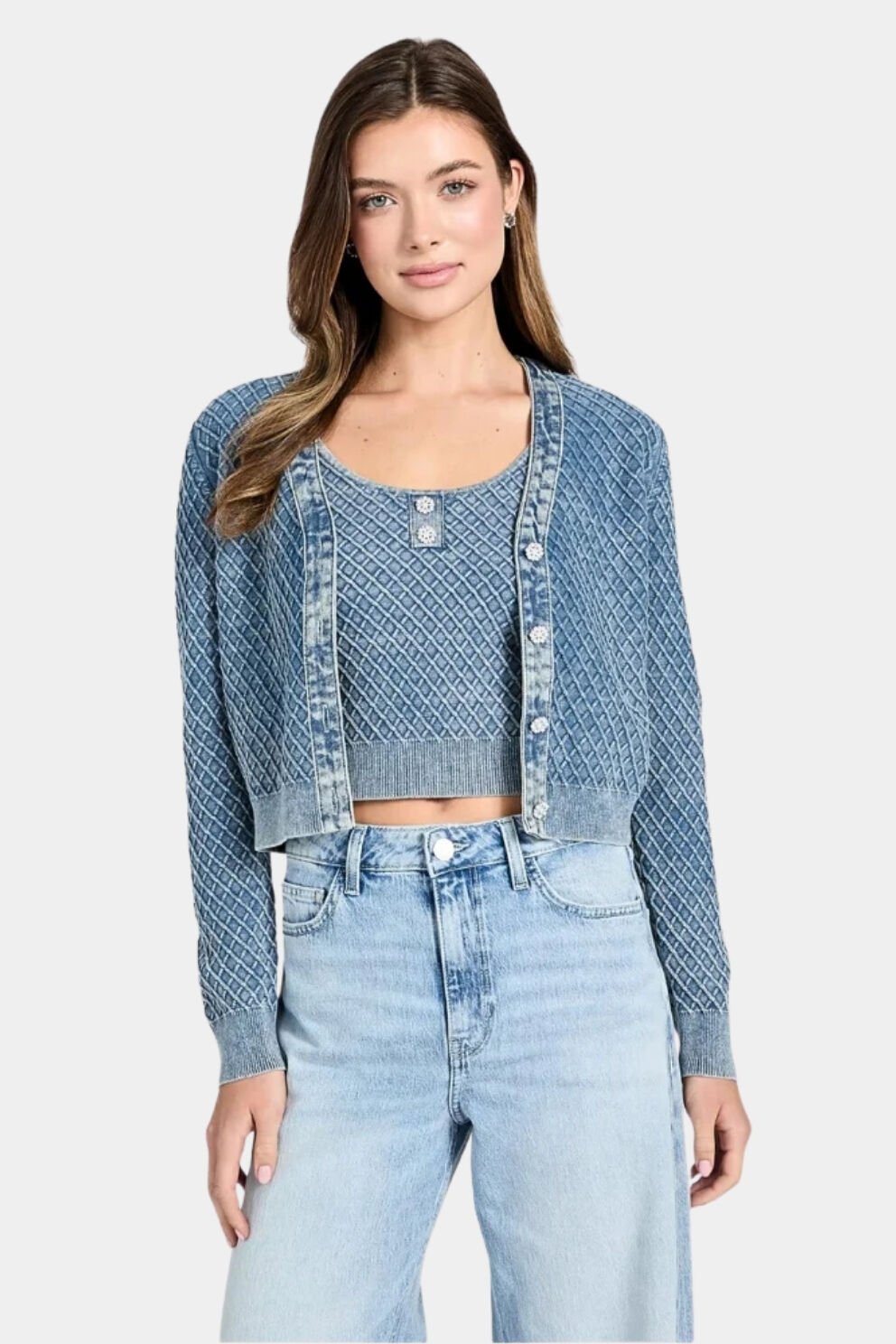 Guess Jeans Dokulu İşlemeli Mavi Hırka