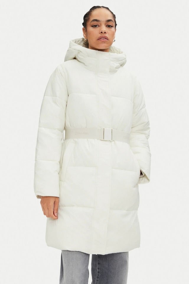 Calvin Klein Comfort Fit Logo Kemerli Uzun Şişme Mont Ekru