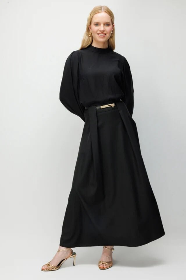 Ghisa Pilikaşe Görünümlü Etek Siyah